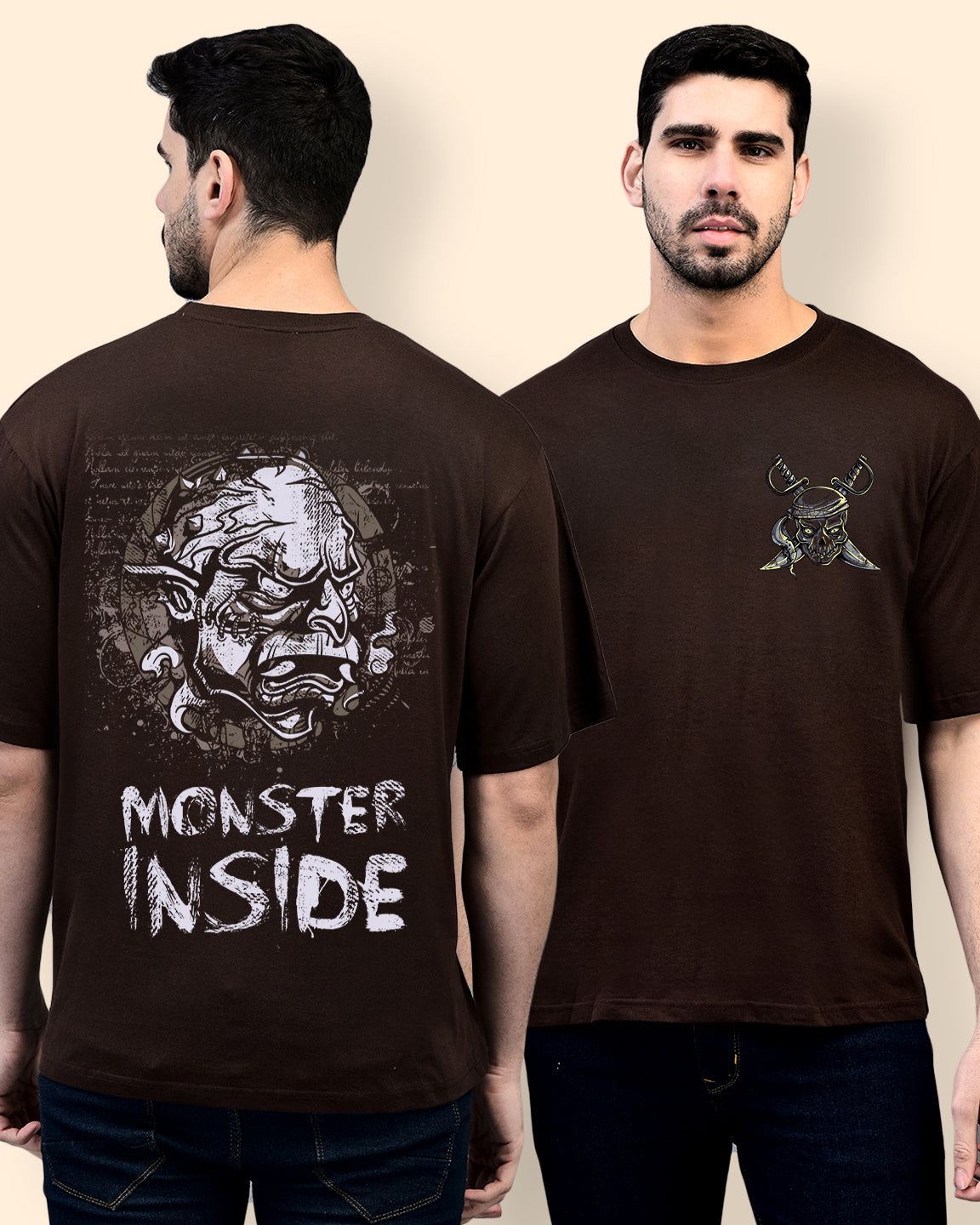 Monster Inside Printed Oversized Drop Shoulder Cotton T-Shirt For Men