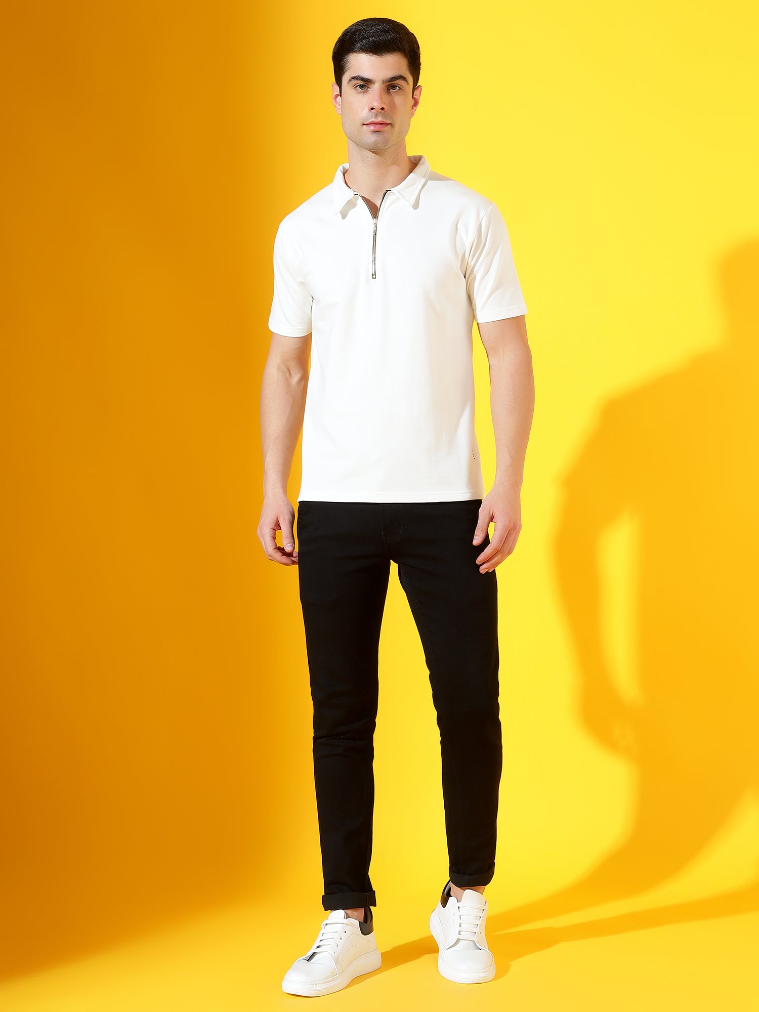 Cream White Zipper Premium Cotton Polo T-Shirt For Men