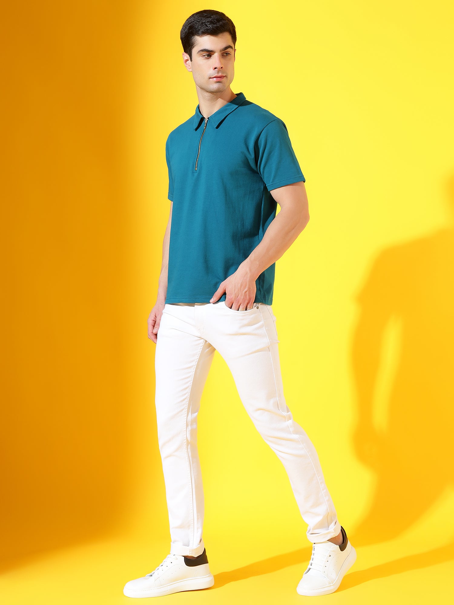 Marine Blue Zipper Premium Cotton Polo T-Shirt For Men