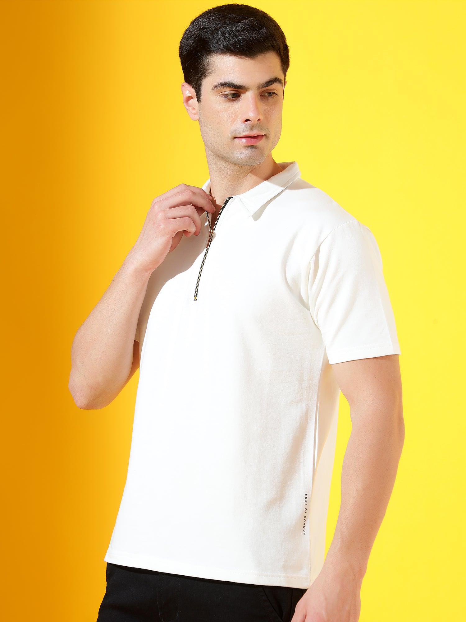 Cream White Zipper Premium Cotton Polo T-Shirt For Men