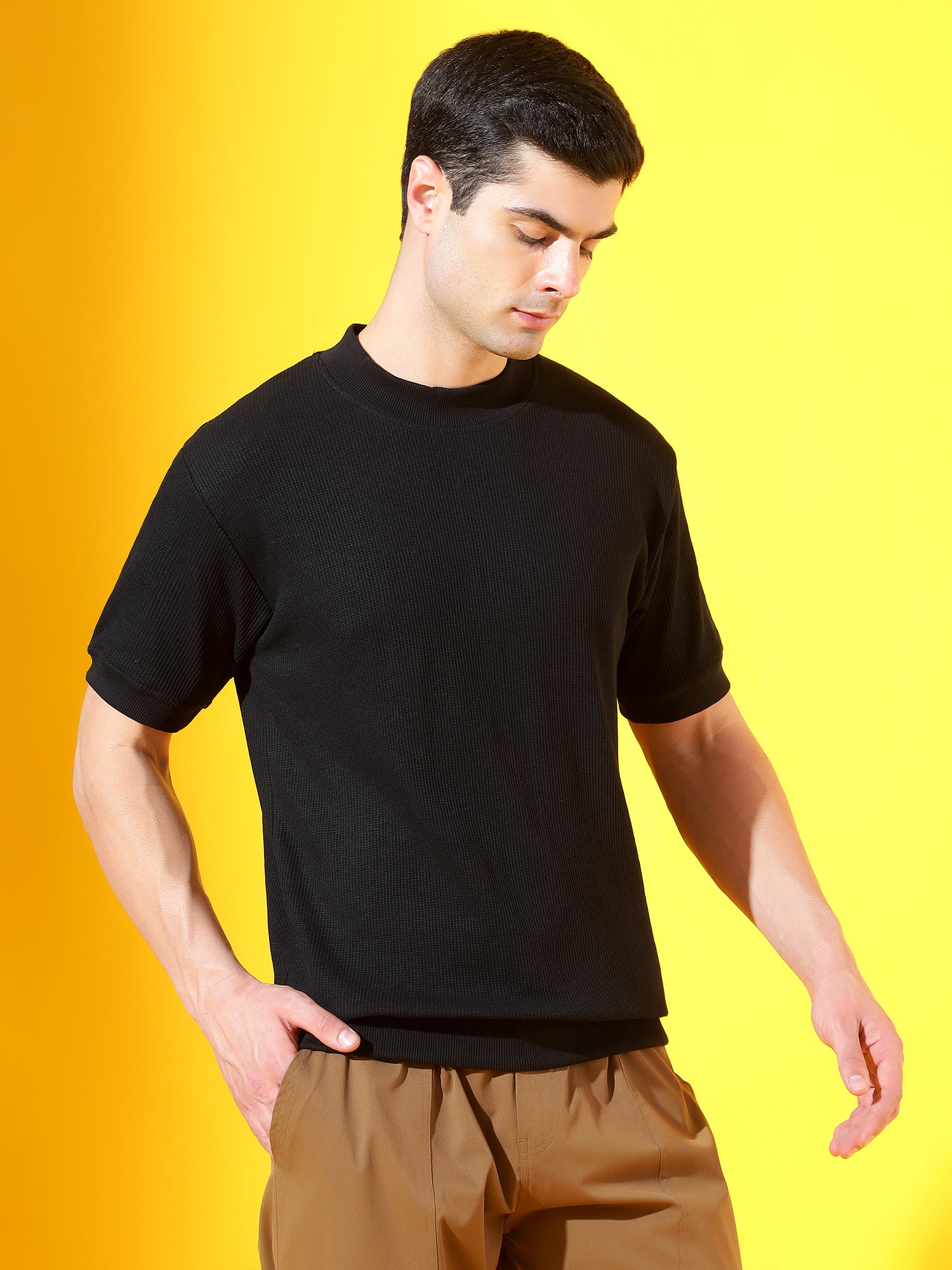 Black Waffle High Neck Cotton T-Shirt For Men