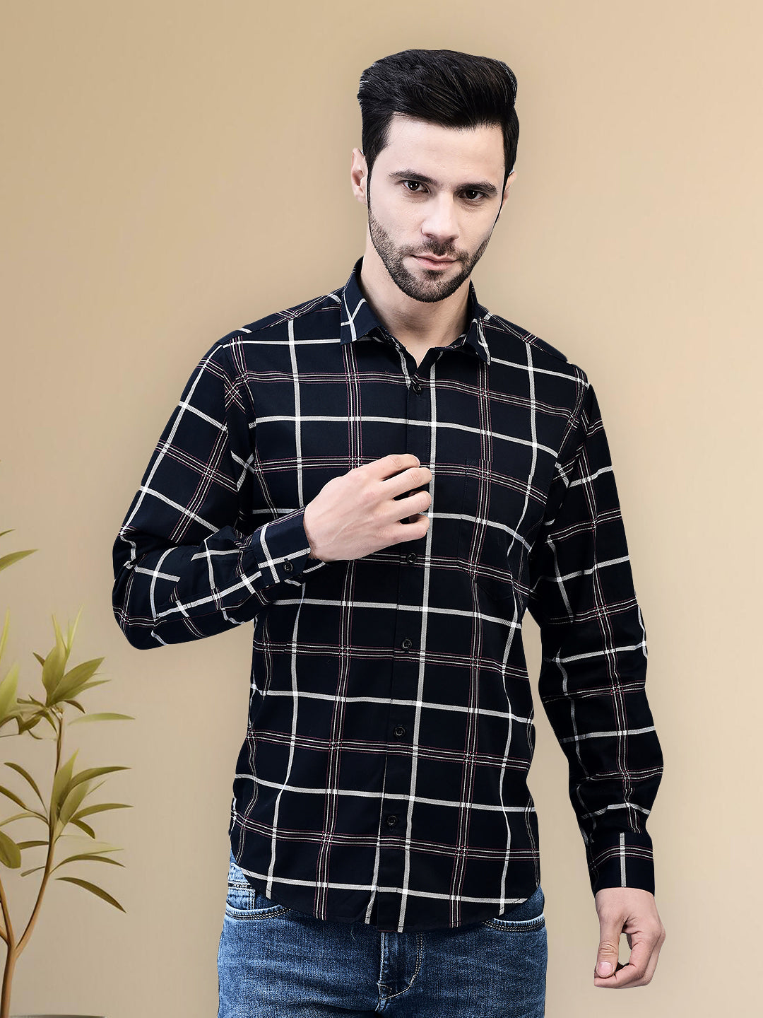 Deep Blue Check Regular Fit Pure Cotton Shirt for Men