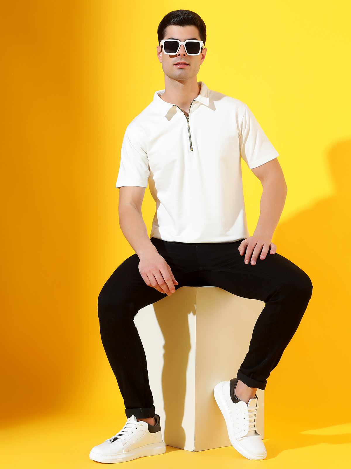 Cream White Zipper Premium Cotton Polo T-Shirt For Men