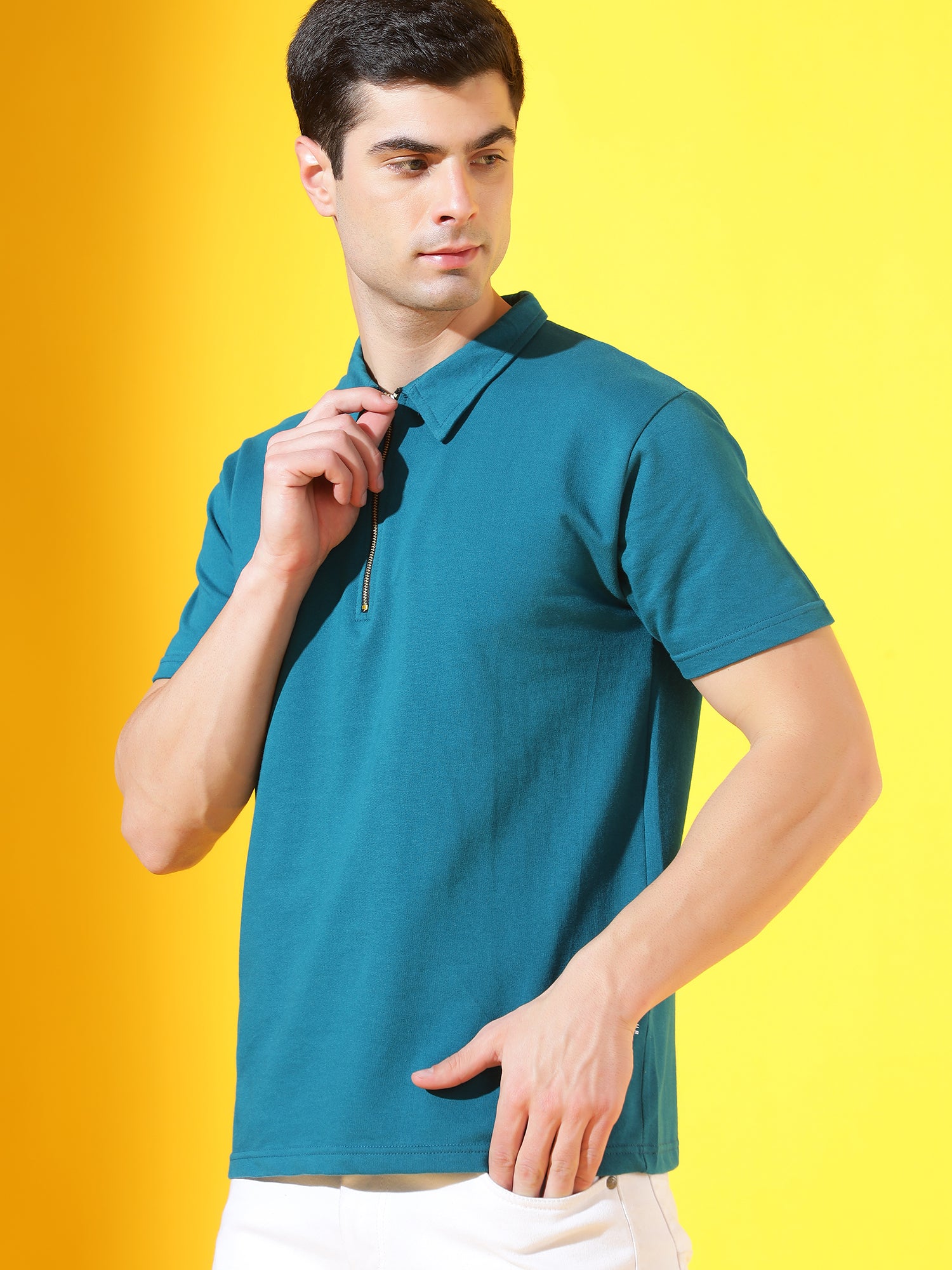 Marine Blue Zipper Premium Cotton Polo T-Shirt For Men