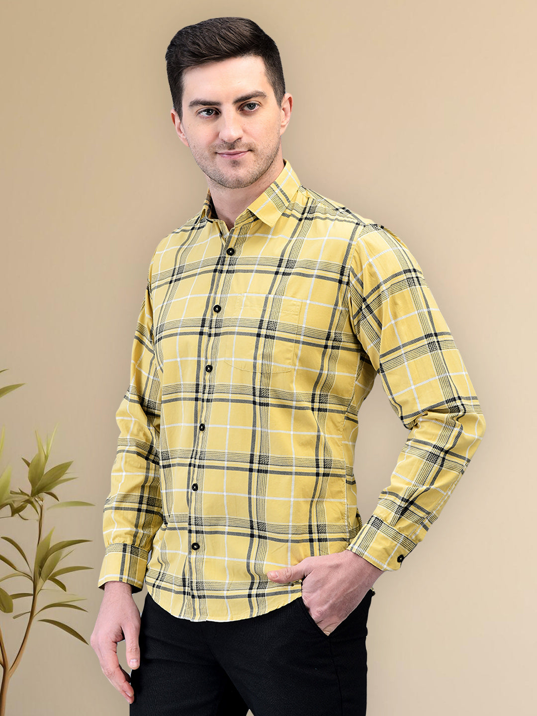 Fearless Yellow Check Regular Fit Pure Cotton Shirt for Men