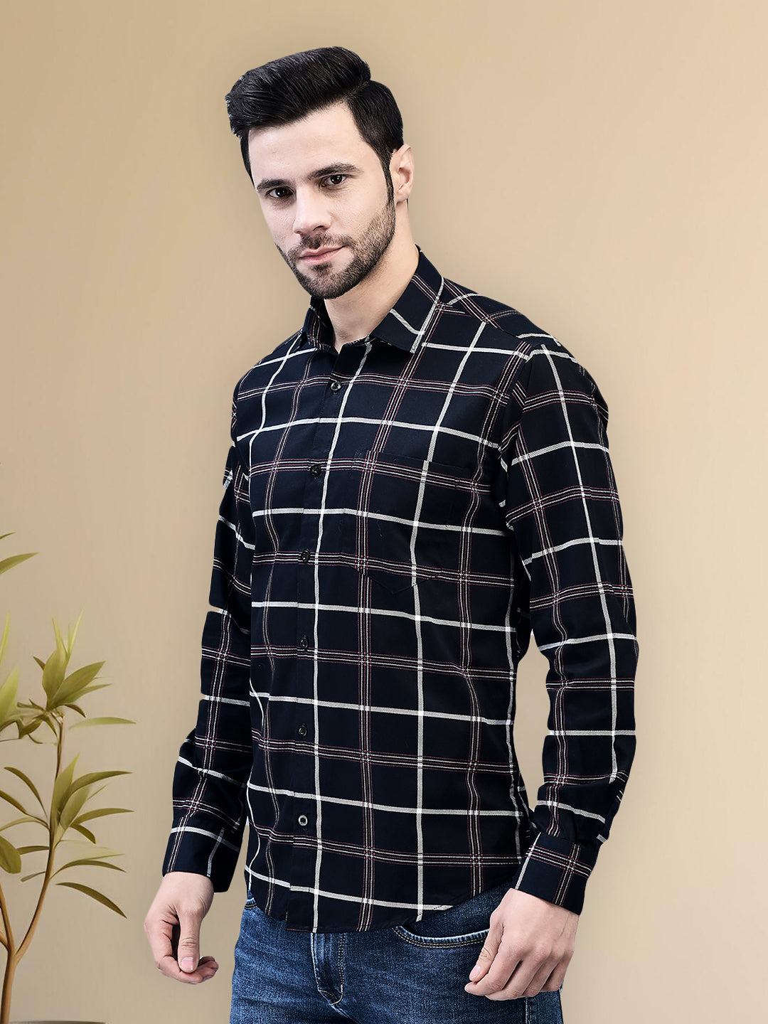 Deep Blue Check Regular Fit Pure Cotton Shirt for Men