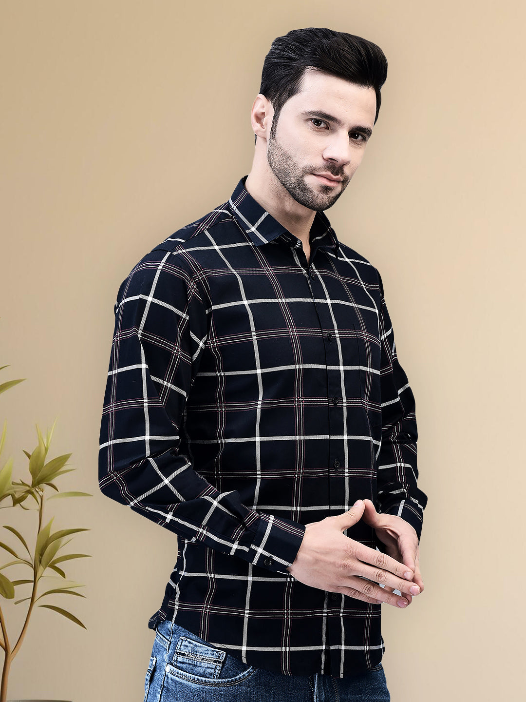 Deep Blue Check Regular Fit Pure Cotton Shirt for Men