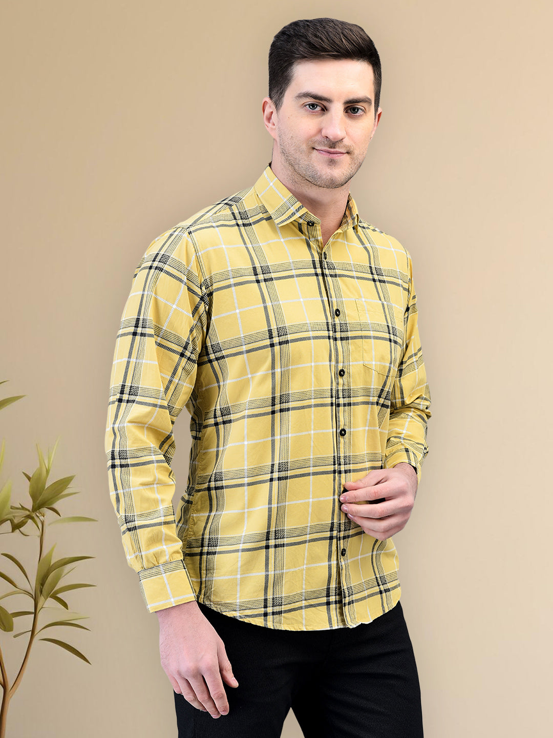 Fearless Yellow Check Regular Fit Pure Cotton Shirt for Men