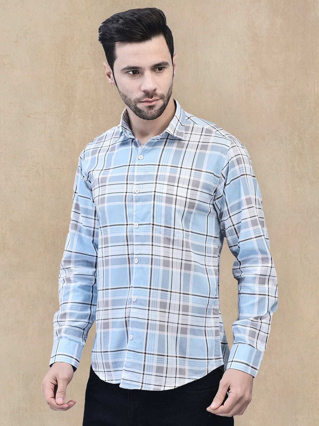 Blue Classic Check Regular Fit Pure Cotton Shirt for Men