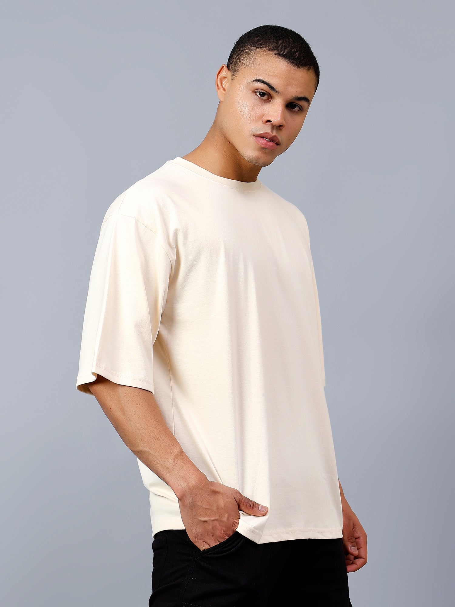 Oversized Fit Ivory Heavy Cotton T-Shirt For Men