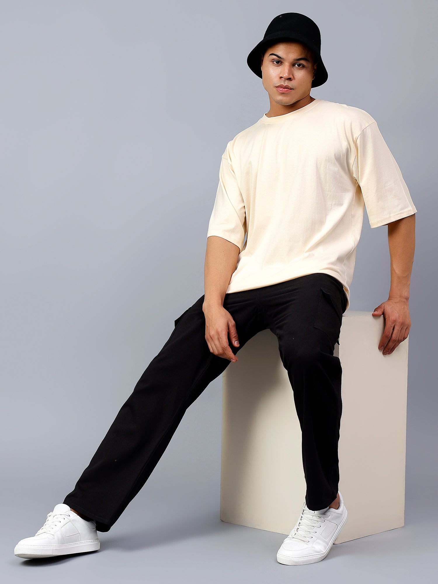 Oversized Fit Ivory Heavy Cotton T-Shirt For Men