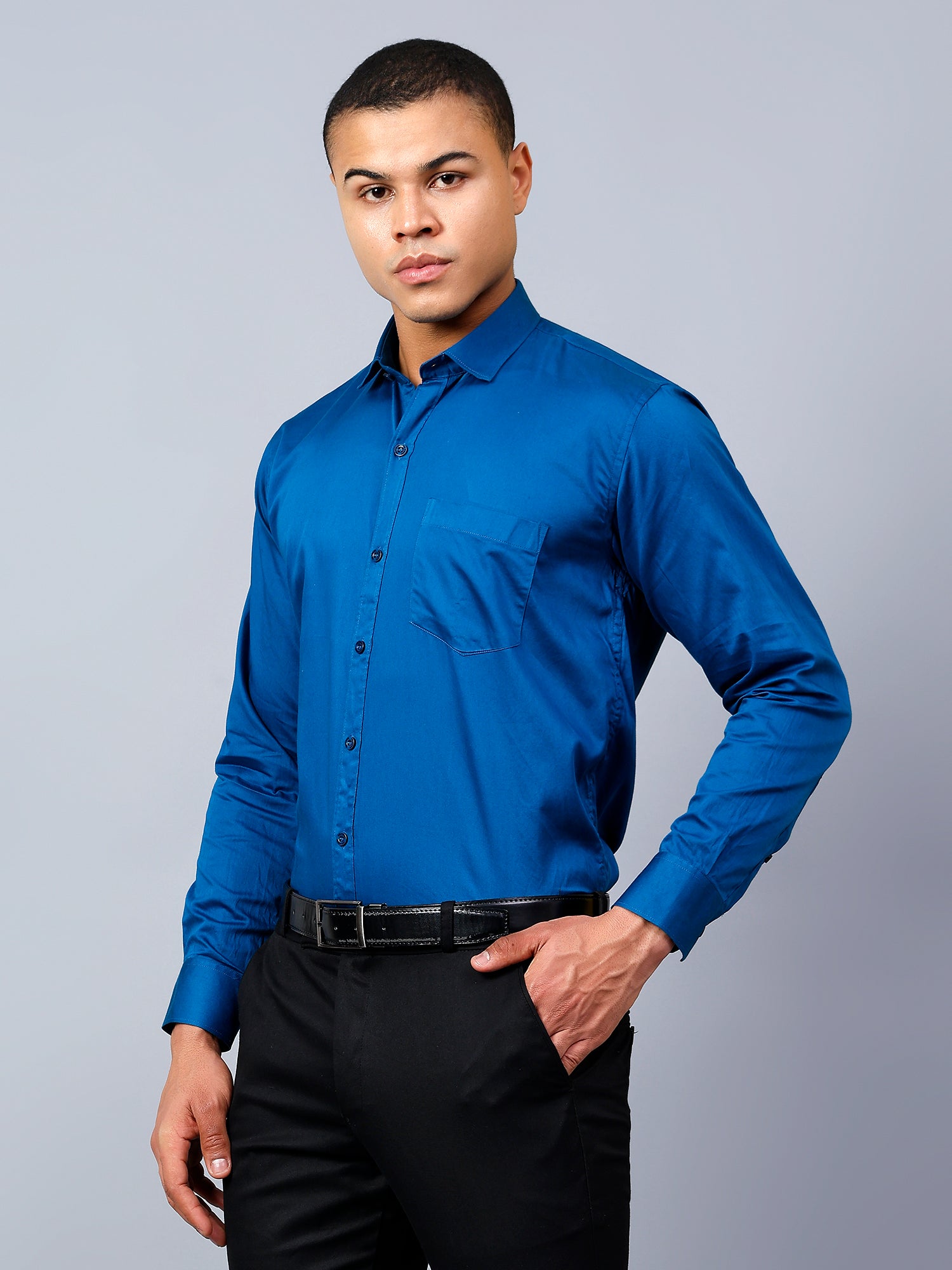 Peacock Blue Regular Fit Pure Cotton Solid Shirt for Men