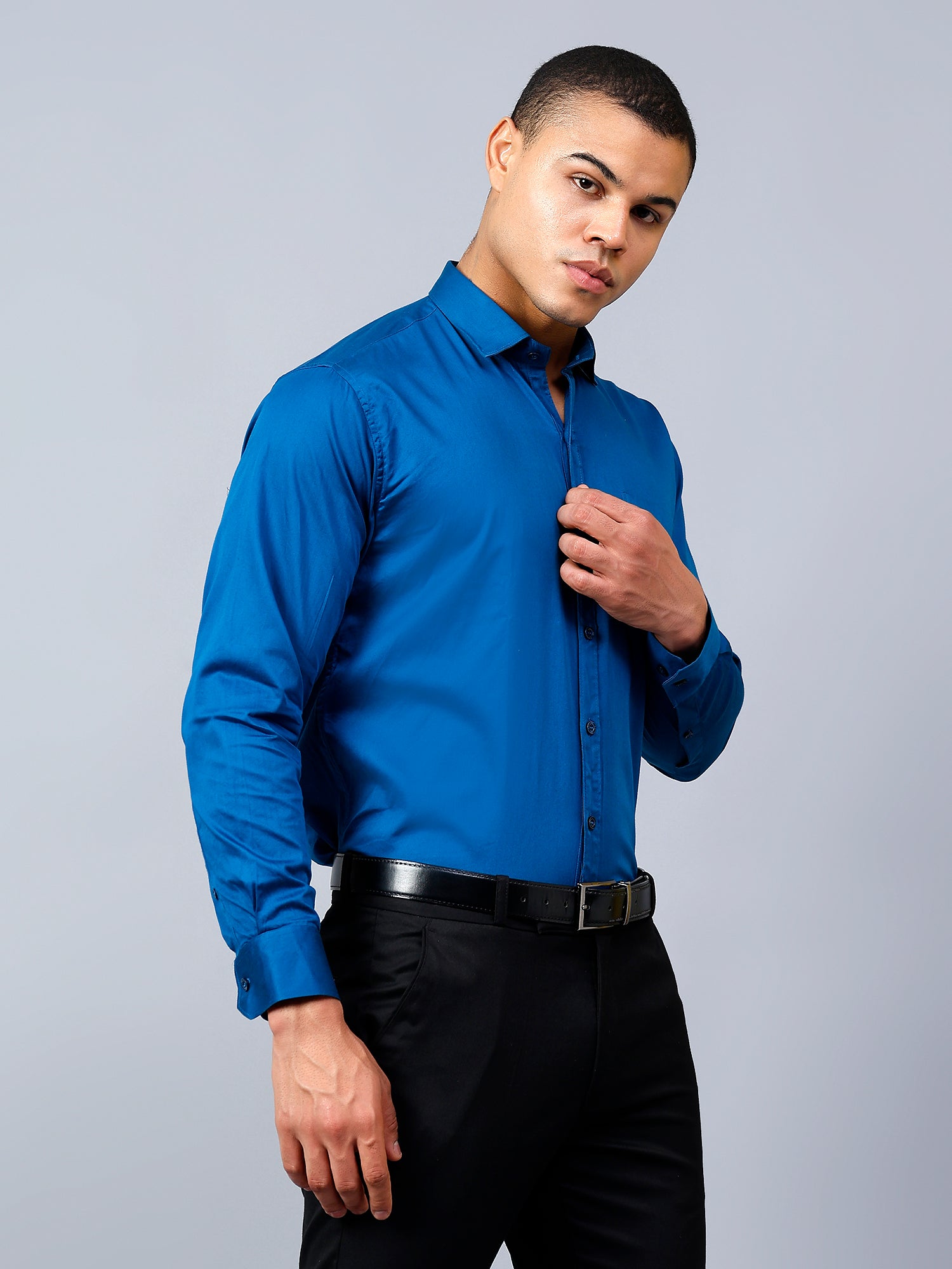 Peacock Blue Regular Fit Pure Cotton Solid Shirt for Men