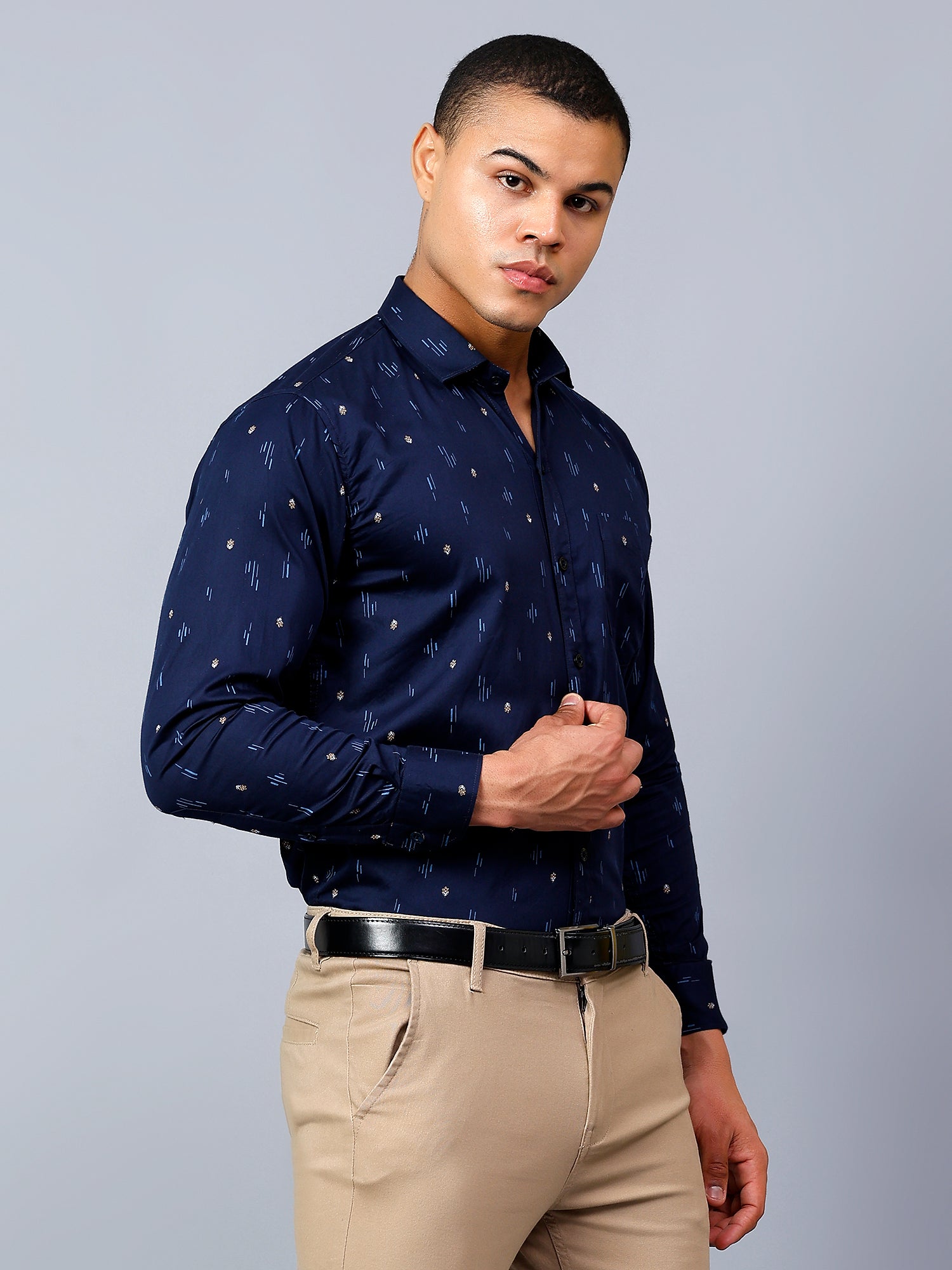 Classic Navy Blue Printed Regular Fit Pure Cotton Shirt for Men