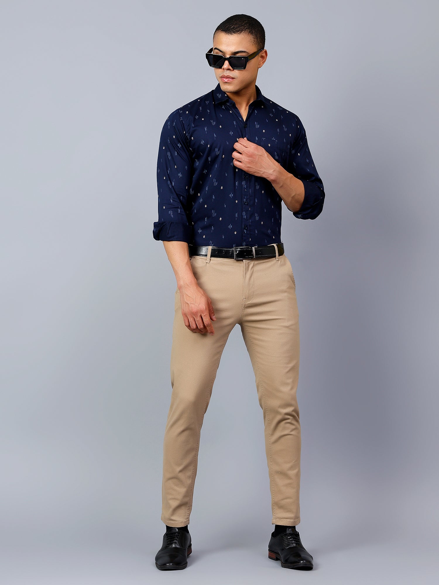 Classic Navy Blue Printed Regular Fit Pure Cotton Shirt for Men